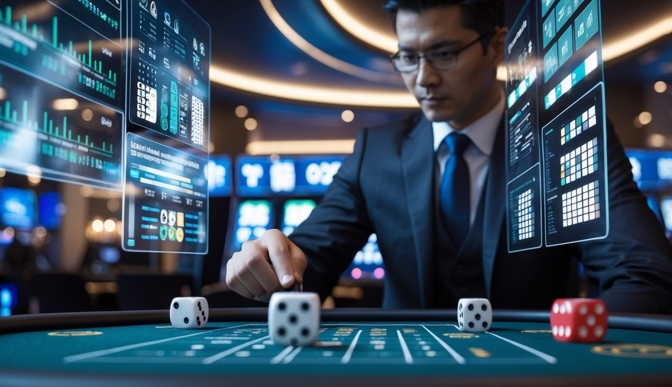 Seorang profesional sedang menganalisis pola dan tren hasil permainan Sicbo modern menggunakan layar digital di sebuah ruang permainan yang modern.