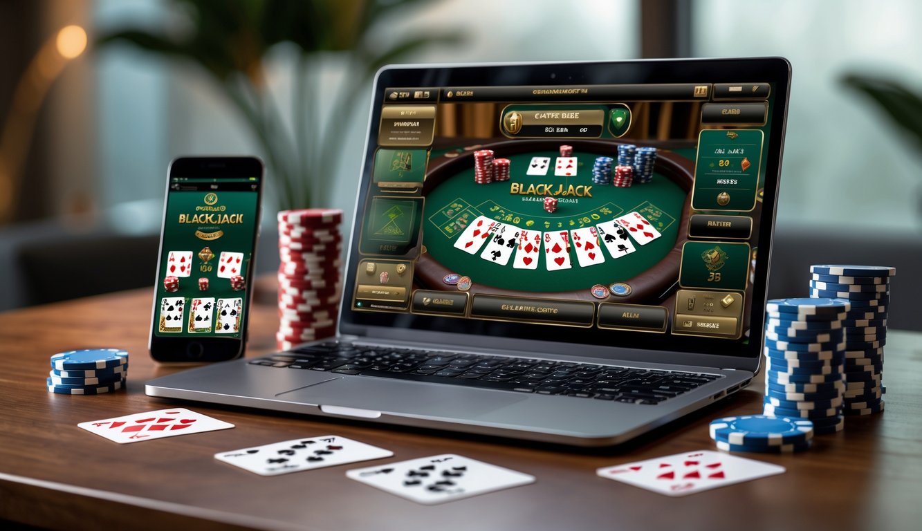 Sebuah laptop dan ponsel menampilkan permainan blackjack online dengan kartu dan chip di atas meja kayu.