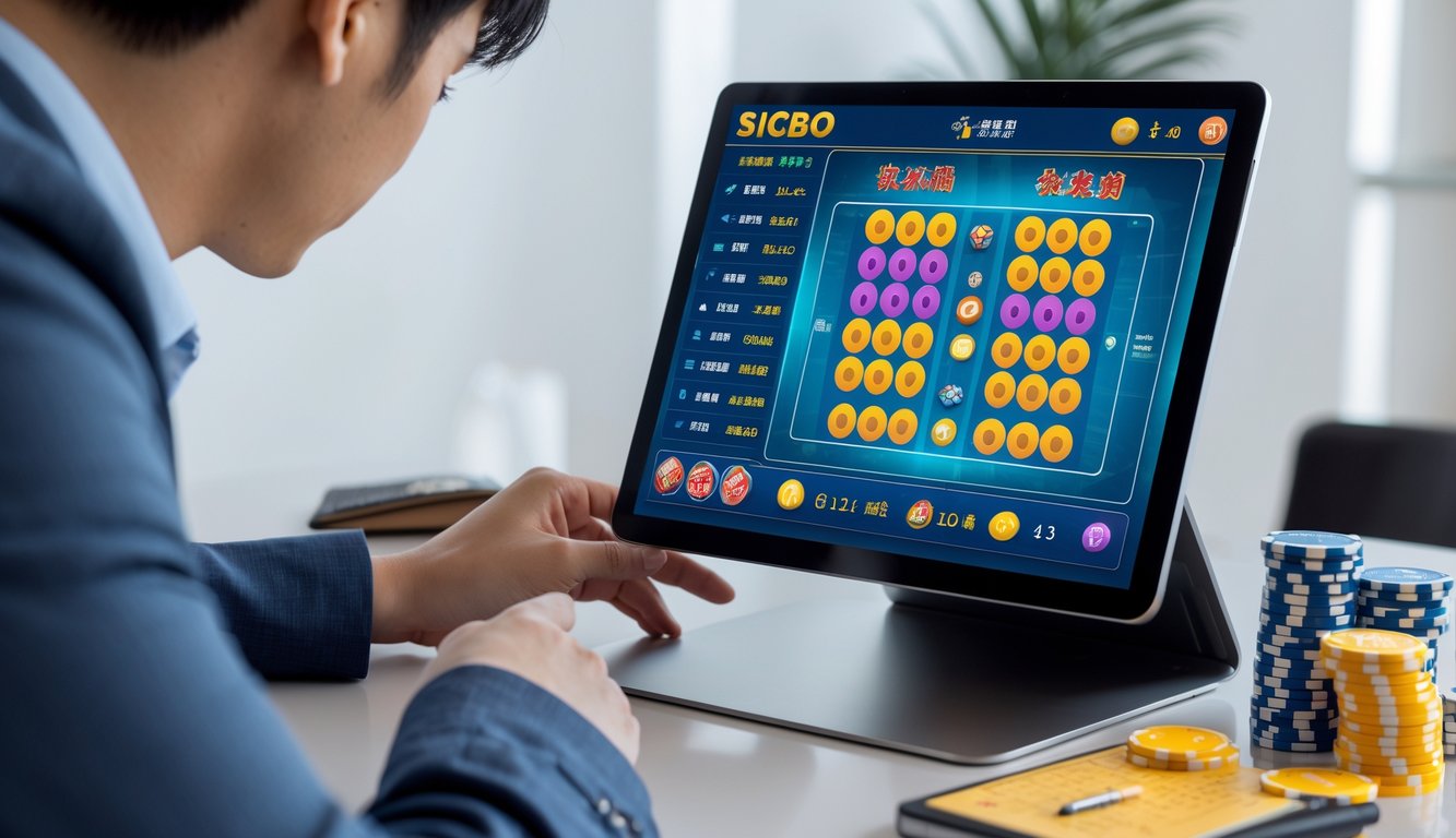 Seseorang yang sedang menggunakan perangkat digital untuk bermain permainan Sicbo dengan tampilan permainan dan dadu di layar.