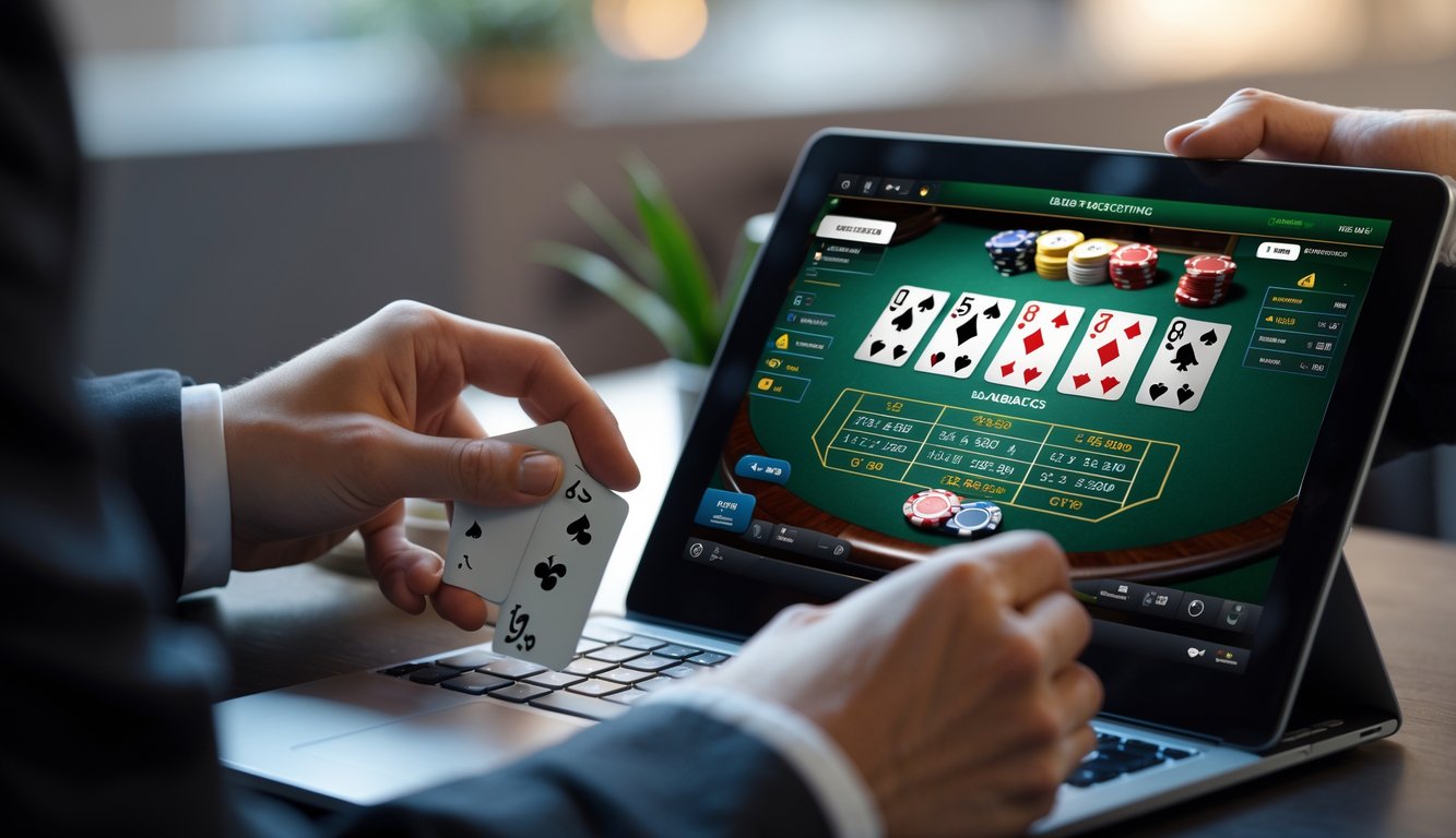 Seseorang sedang bermain taruhan blackjack online menggunakan laptop dengan tampilan meja blackjack dan chip taruhan di layar.