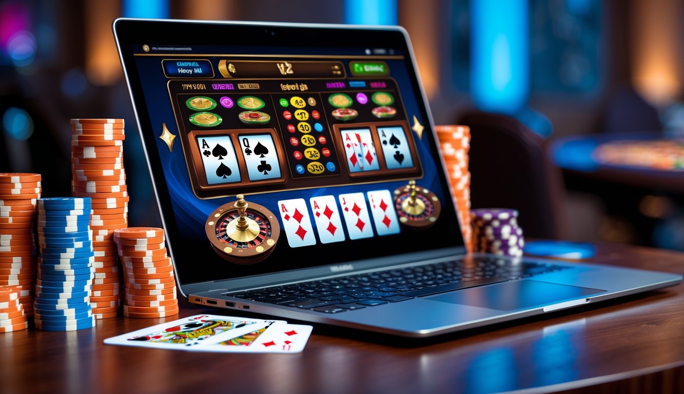 Sebuah laptop dengan permainan blackjack online di layar, dikelilingi oleh tumpukan chip poker dan kartu remi di atas meja kayu.