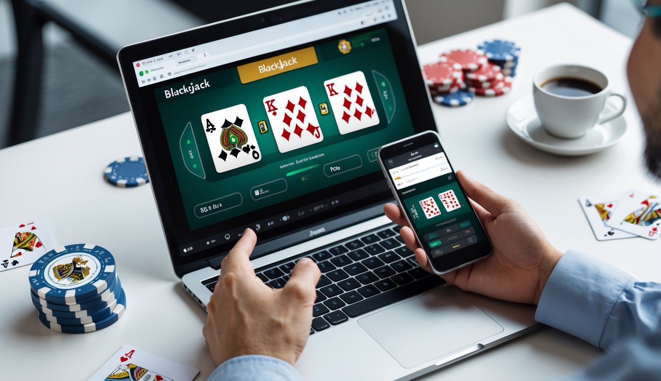 Seseorang menggunakan laptop dan ponsel untuk bermain blackjack online di meja kerja yang rapi dengan kartu dan chip poker di sekitar.
