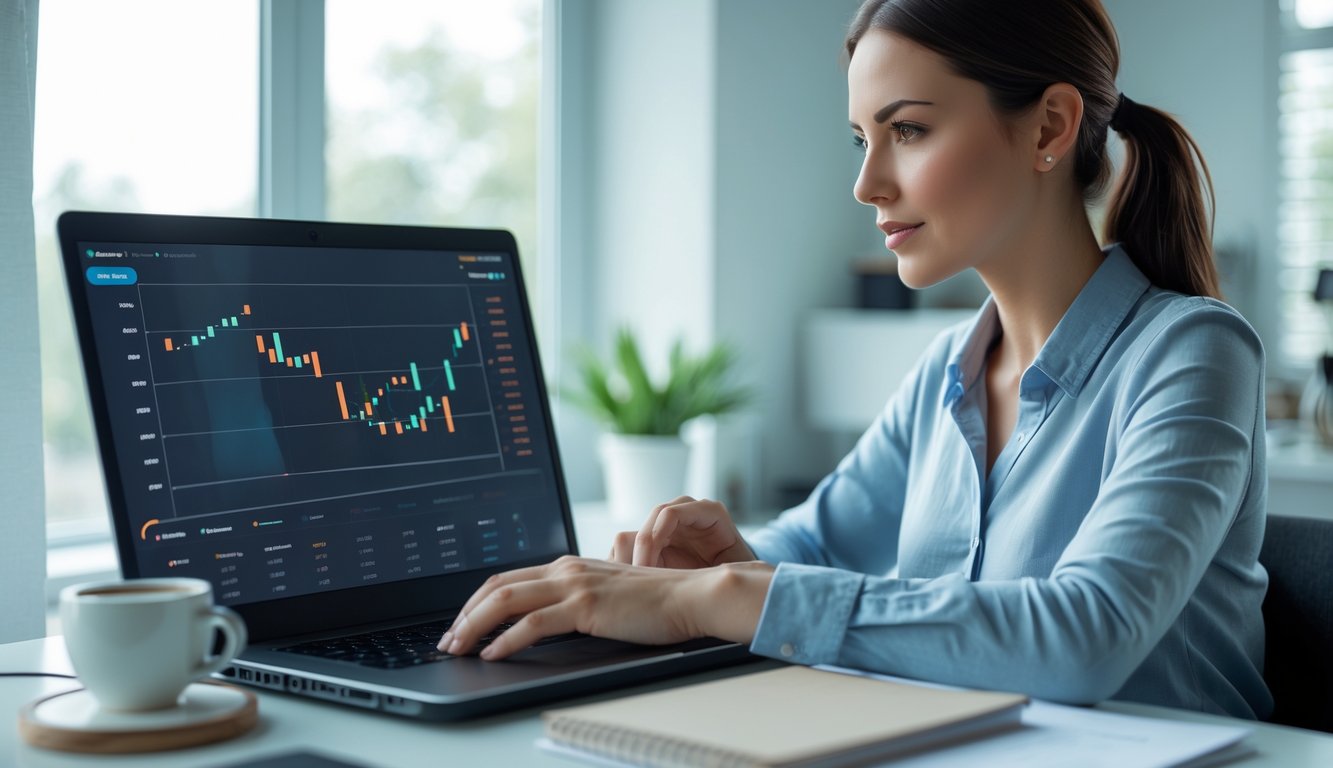 Seseorang yang fokus menggunakan laptop di ruang kerja modern dengan cahaya alami, dikelilingi oleh alat tulis dan secangkir kopi.