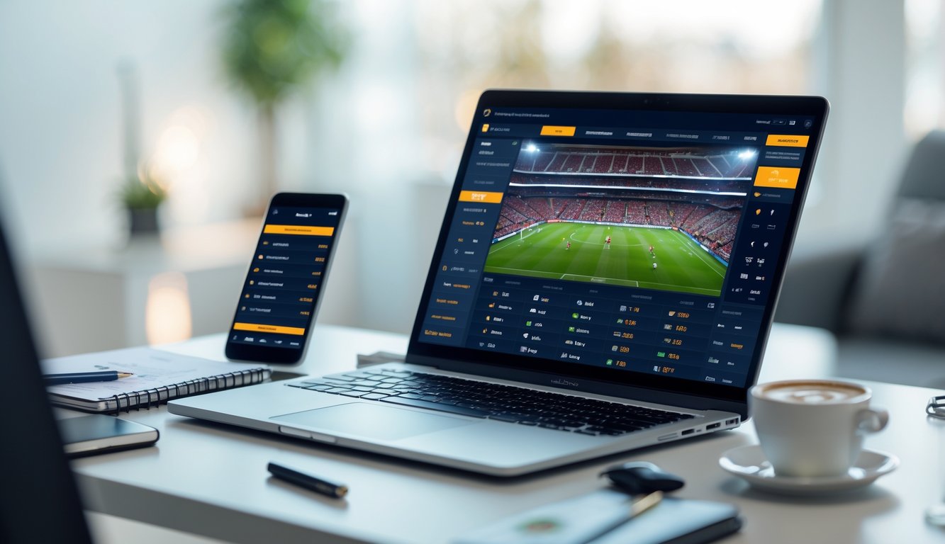 Seorang pengguna duduk di depan komputer dengan layar menampilkan pertandingan sepak bola, di meja terdapat ponsel dan alat tulis, suasana terlihat rapi dan profesional.