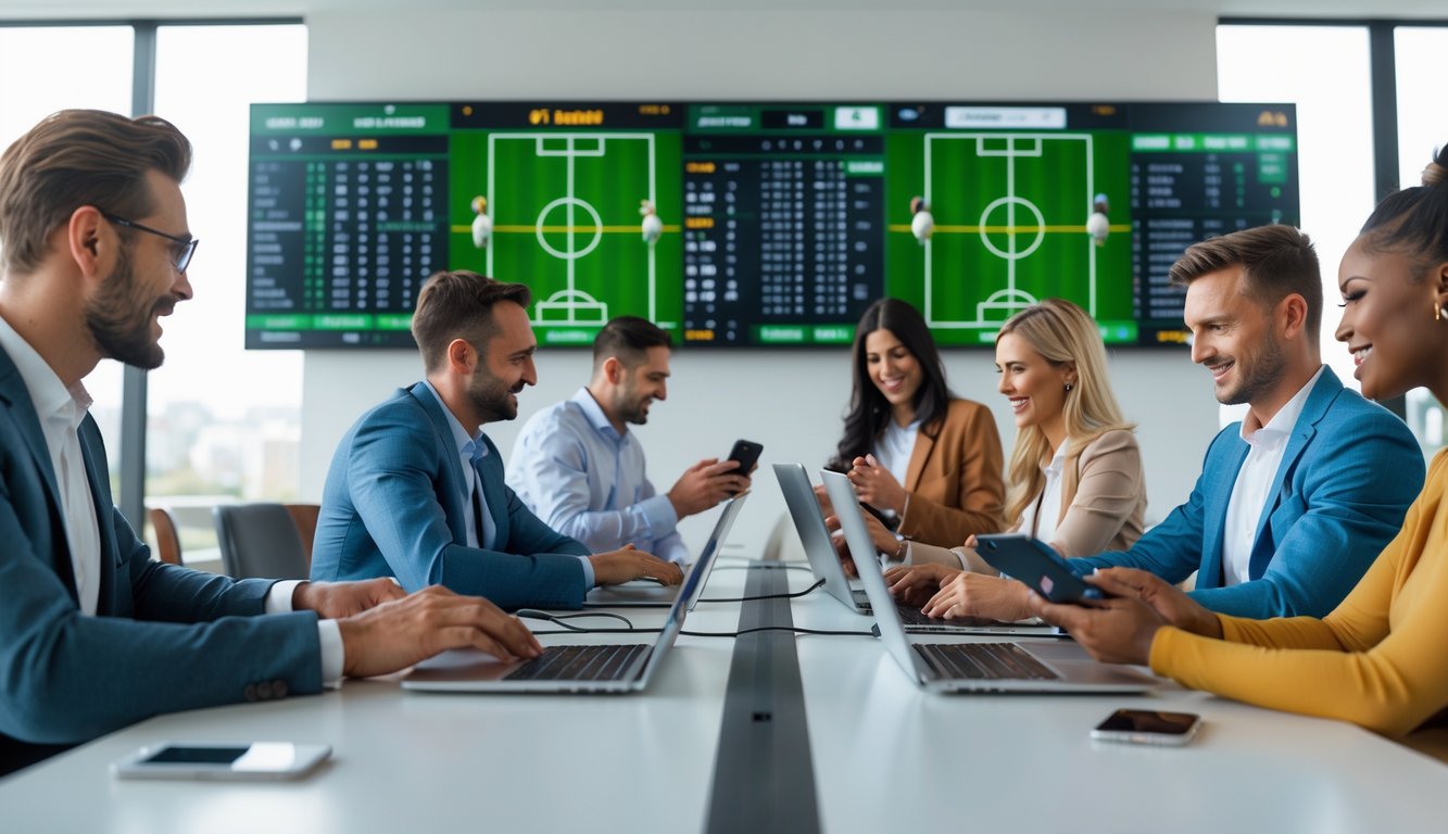 Beberapa orang menggunakan perangkat elektronik untuk memasang taruhan pada pertandingan sepak bola di sebuah ruangan modern dengan layar besar menampilkan pertandingan langsung.