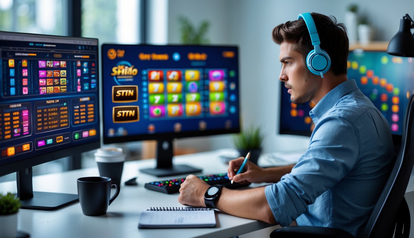Seorang pria muda duduk di meja dengan beberapa layar komputer yang menampilkan permainan slot online, sedang menganalisis pola dan mencatat strategi bermain.