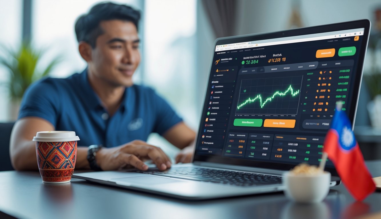 Seorang dewasa muda Indonesia duduk di depan laptop dengan tampilan statistik pertandingan sepak bola, di meja terdapat cangkir kopi bermotif batik dan bendera kecil Indonesia.