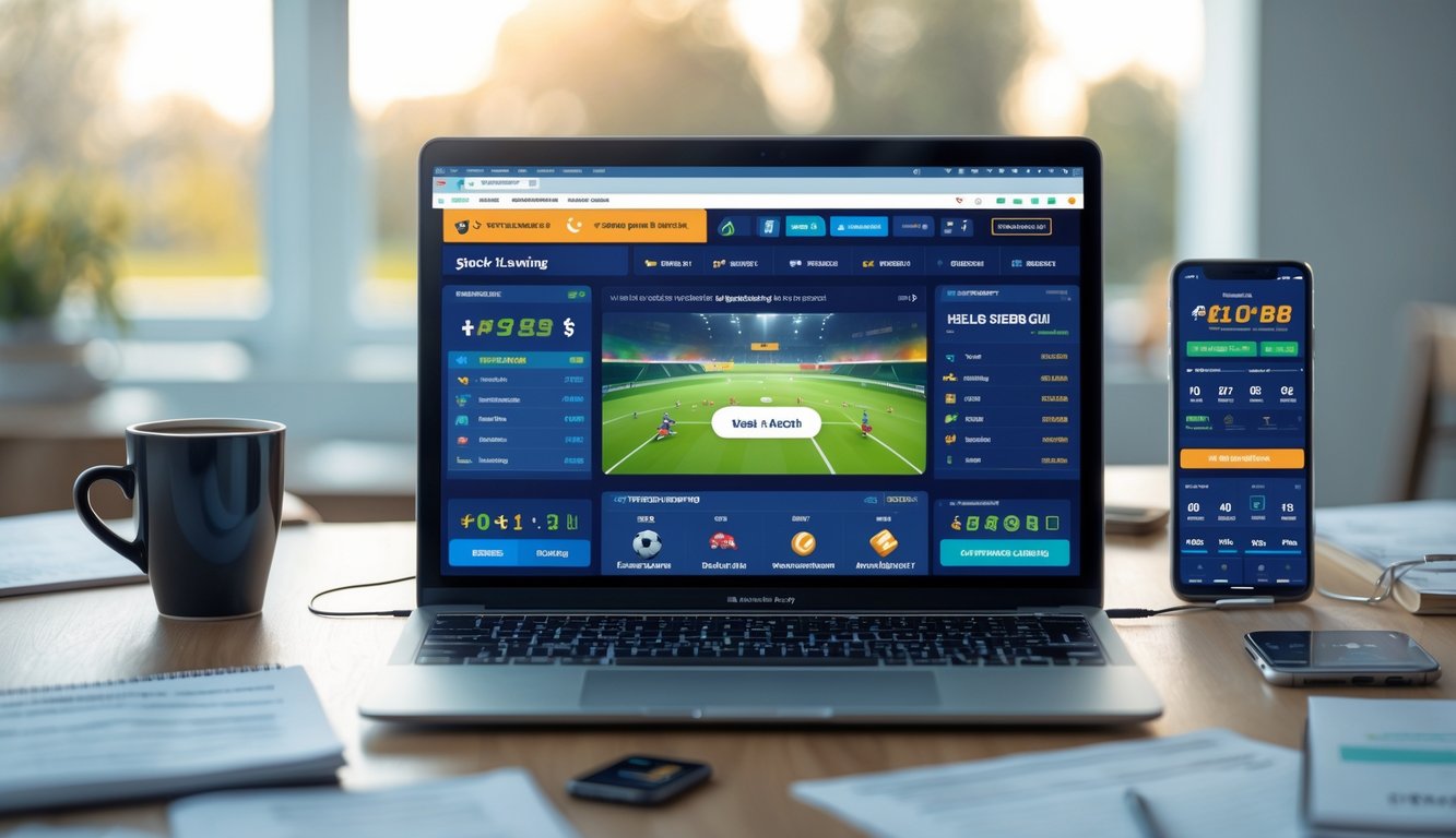 Seorang pengguna duduk di depan laptop dengan tampilan situs taruhan olahraga online, dikelilingi oleh catatan, ponsel, dan secangkir kopi di meja kerja yang rapi.