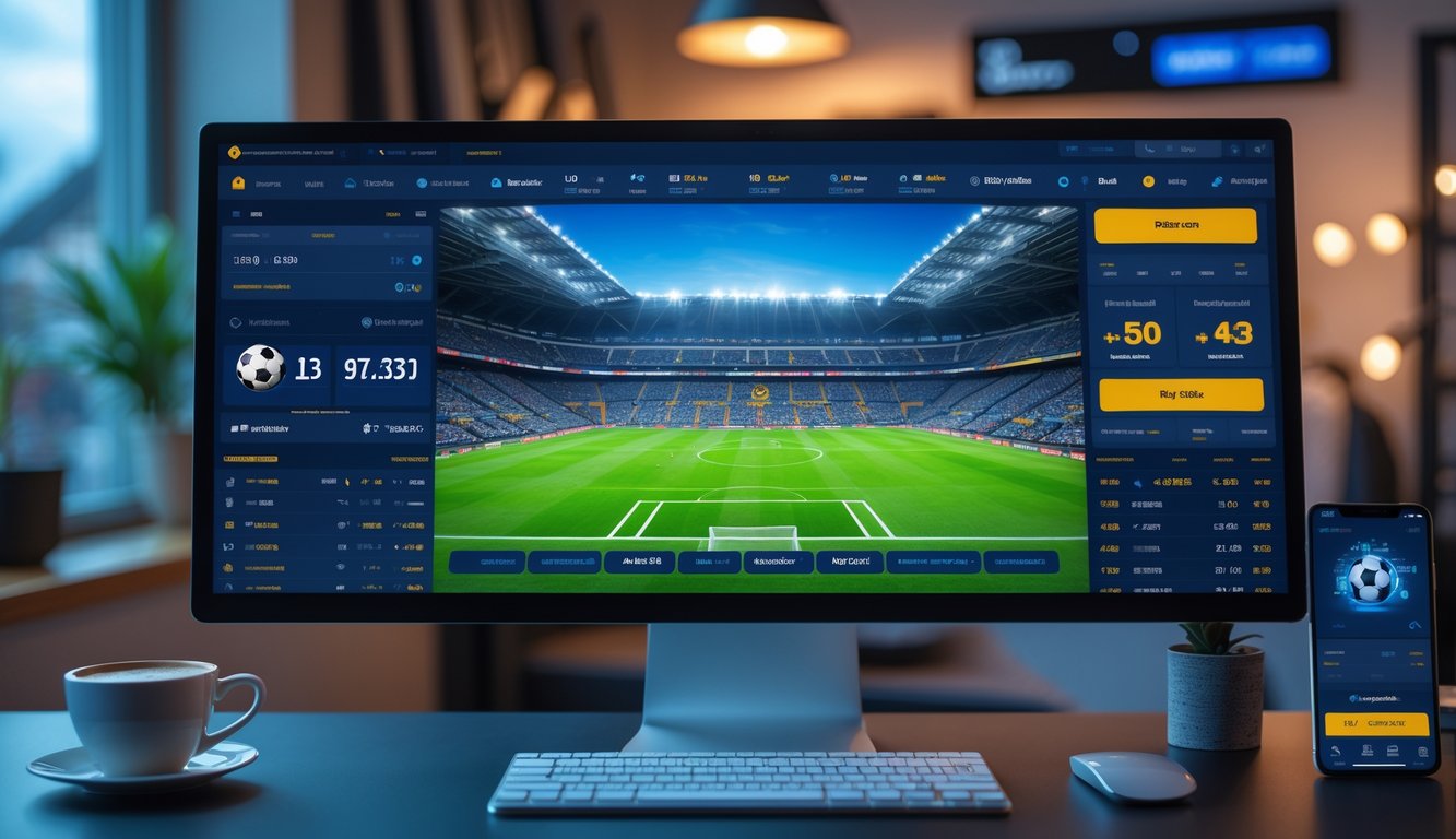 Seorang pria duduk di depan komputer yang menampilkan pertandingan sepak bola langsung dengan beberapa tampilan antarmuka taruhan di layar.