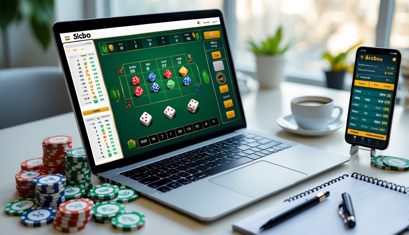 Seorang pemain sedang mengatur strategi taruhan Sicbo online dengan laptop, chip judi, dan catatan di meja kerja yang rapi.