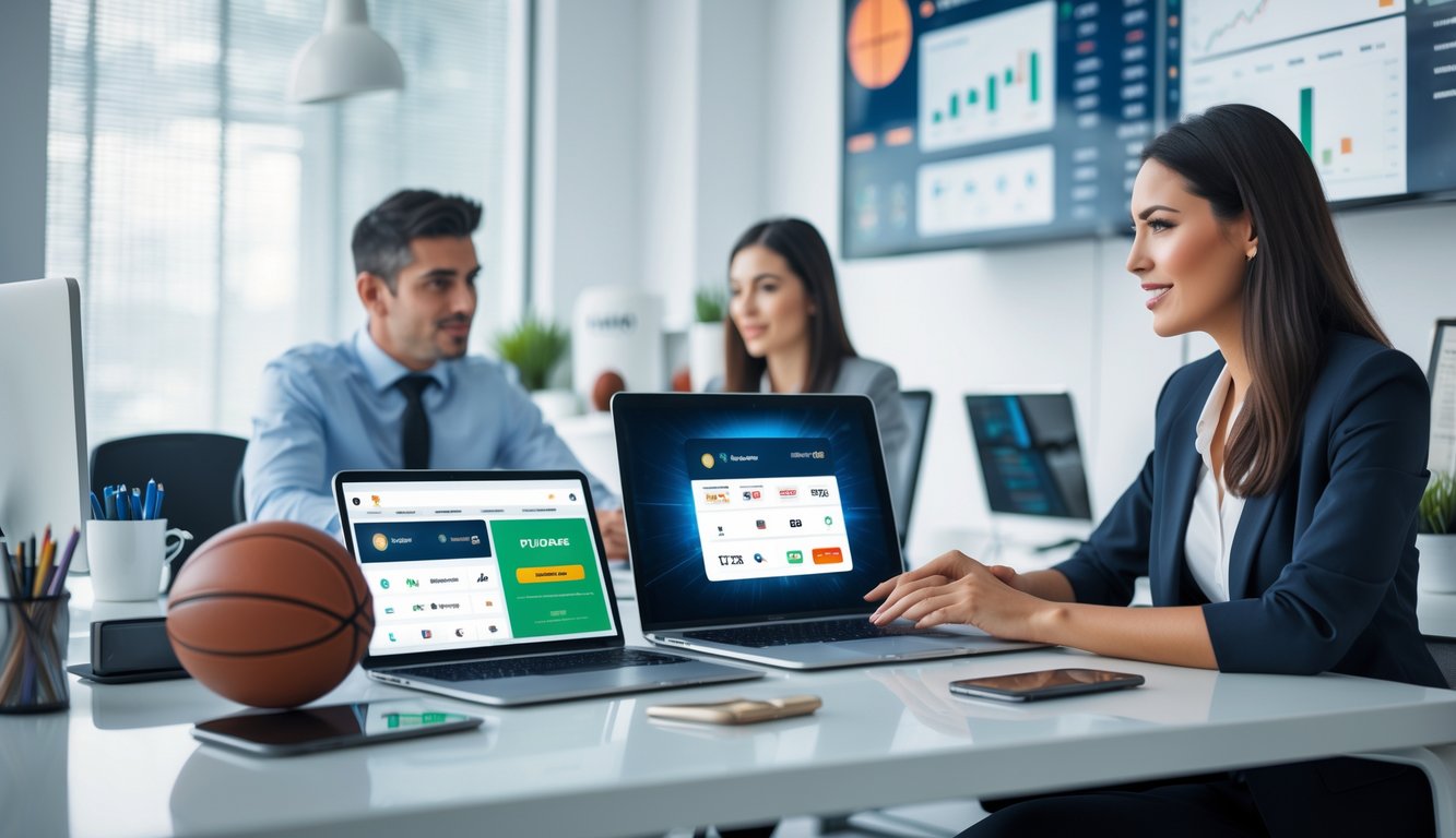 Dua orang muda menggunakan perangkat digital di meja kantor dengan latar belakang perlengkapan olahraga dan layar grafik keuangan.