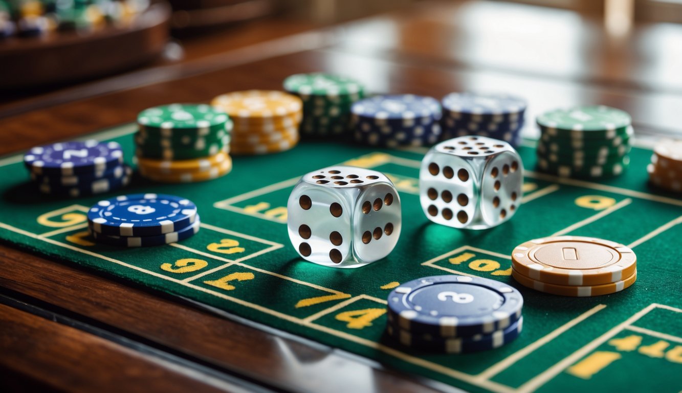 Tampilan dekat permainan Sicbo dengan tiga dadu transparan dan tumpukan chip taruhan di atas meja hijau.