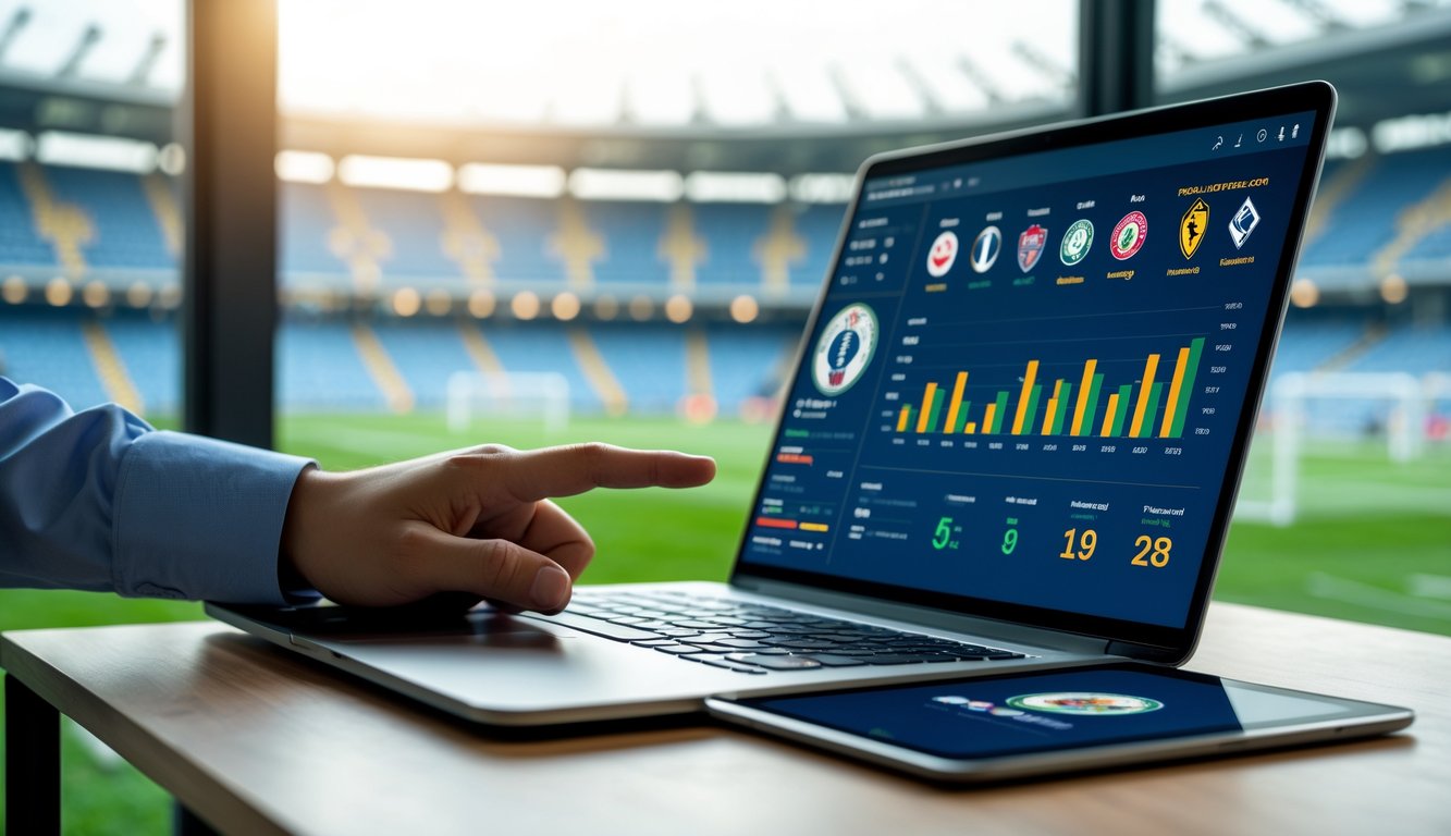 Sebuah ruang kerja modern dengan laptop menampilkan statistik pertandingan sepak bola dan seseorang menunjuk layar, dengan stadion sepak bola terlihat di latar belakang.