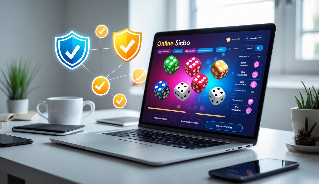 Seorang pengguna sedang melihat layar komputer dengan permainan Sicbo online yang menampilkan dadu dan opsi taruhan, di meja kerja yang rapi dengan secangkir kopi dan ponsel.