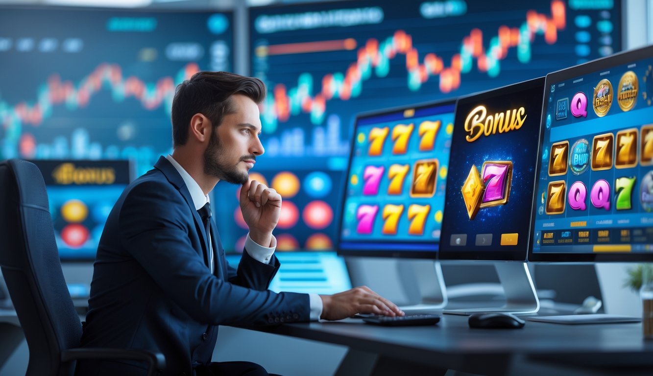 Seorang profesional duduk di depan komputer dengan layar yang menampilkan permainan slot online berwarna-warni dan ikon bonus menarik di sebuah kantor modern.