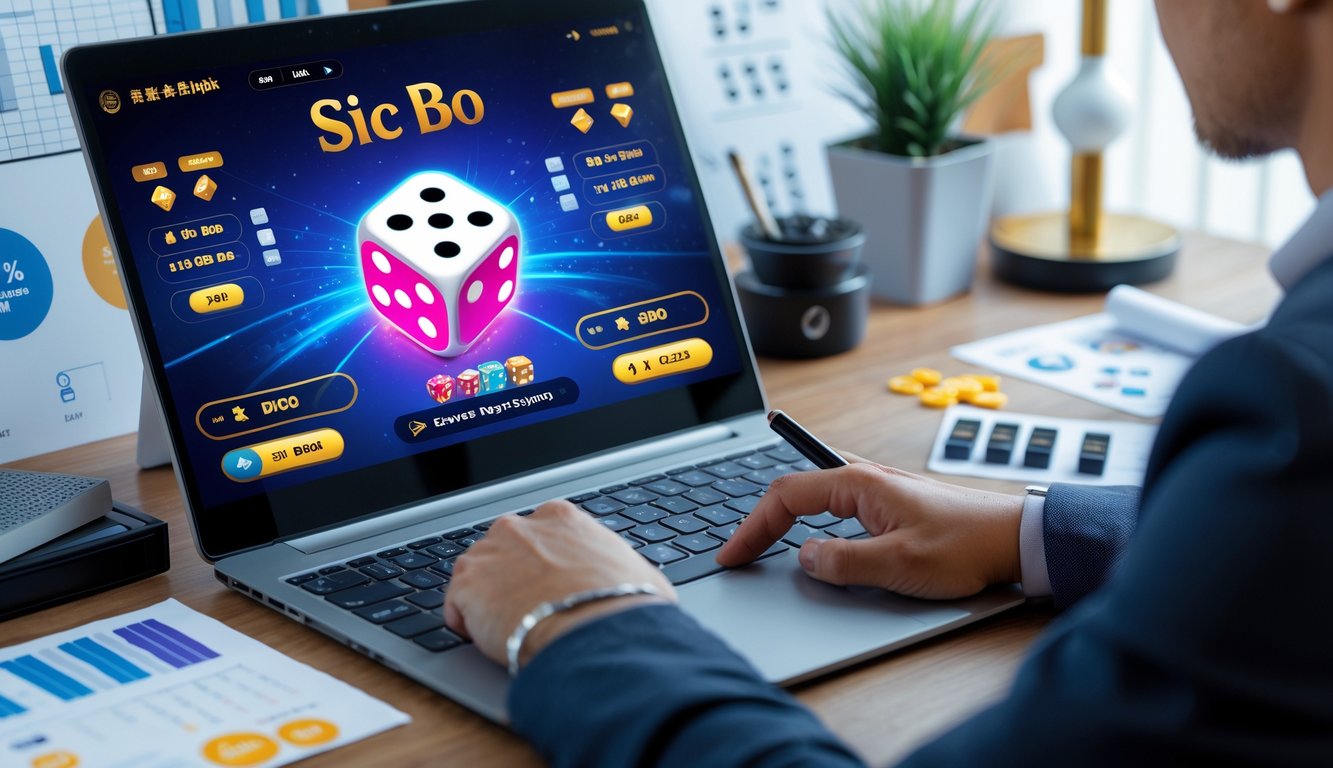 Seseorang sedang menganalisis permainan Sic Bo online di depan layar komputer dengan catatan dan grafik di meja.