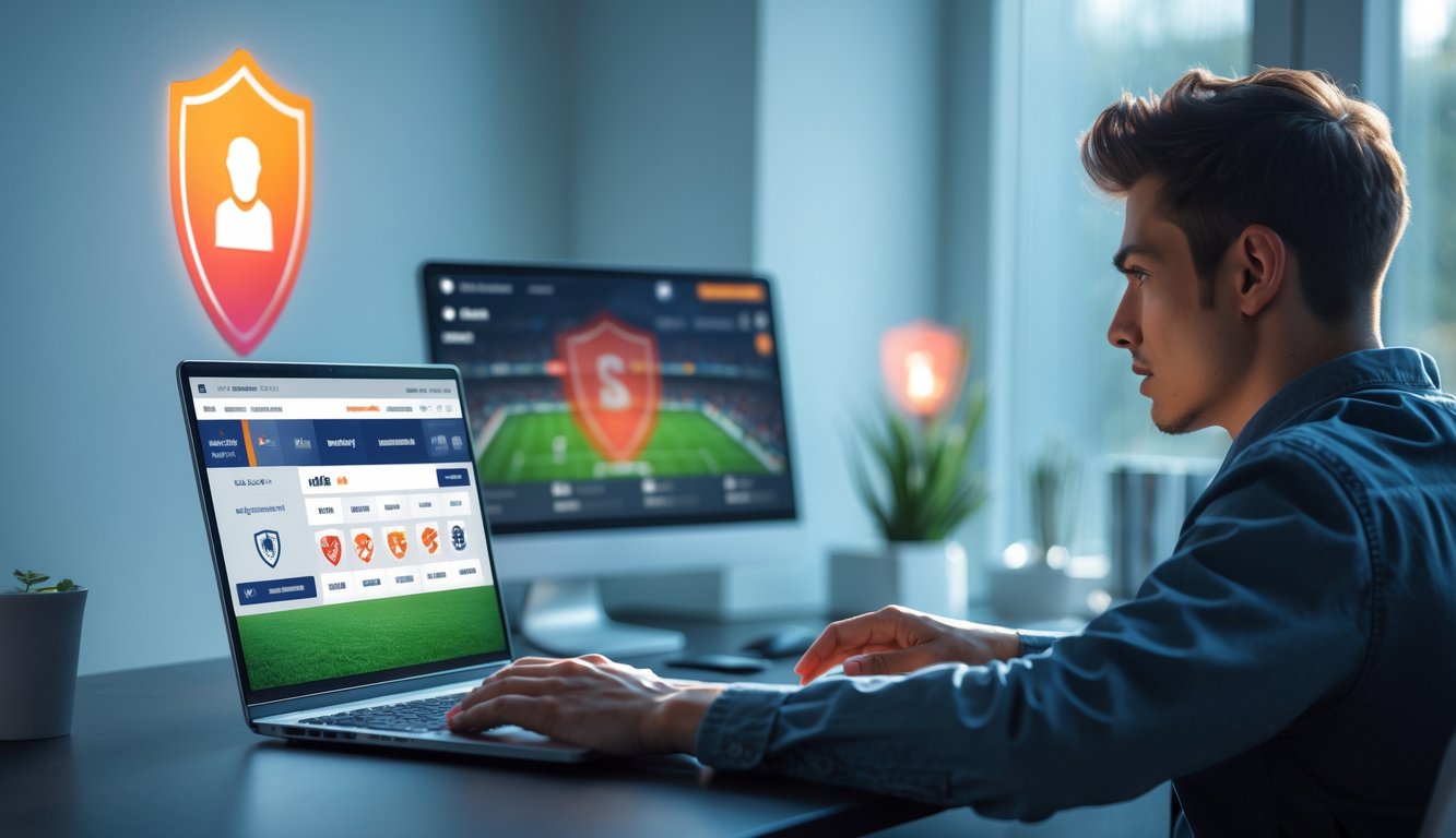 Seorang dewasa muda duduk di meja dengan laptop yang menampilkan situs taruhan bola online yang aman dan terpercaya.