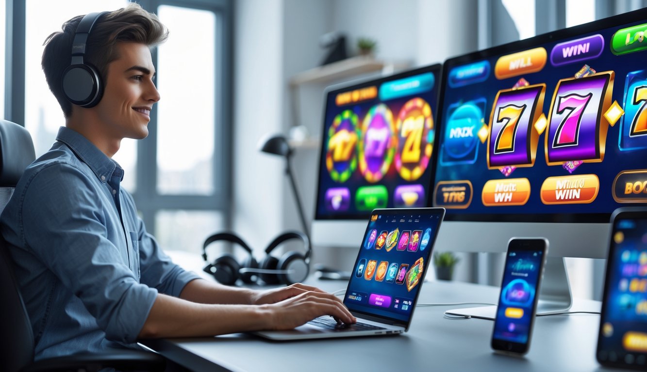 Seorang dewasa muda sedang menggunakan laptop di meja kerja dengan beberapa layar menampilkan permainan slot online yang berwarna-warni dan menarik.