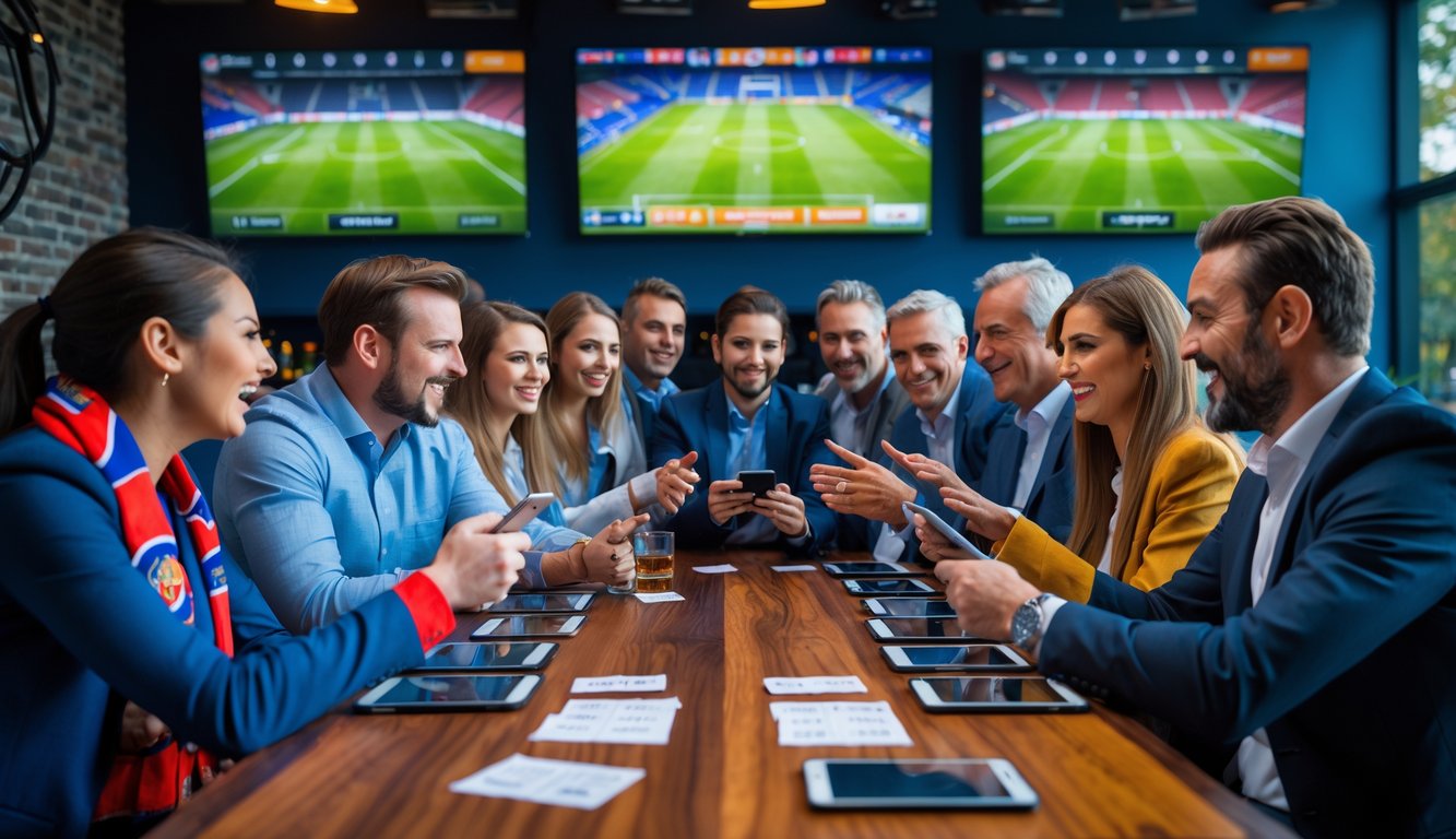 Sekelompok orang sedang bertaruh sambil menonton pertandingan Liga Champions di sebuah bar olahraga.