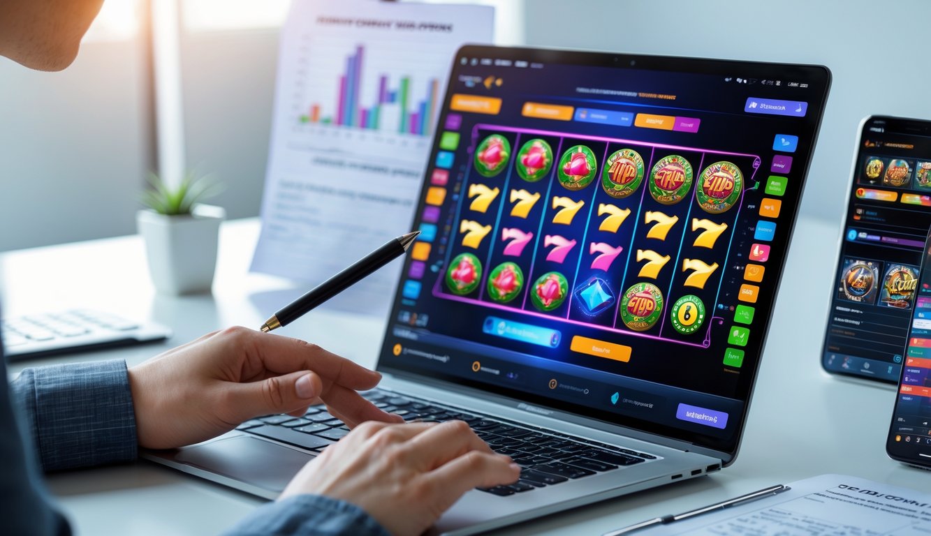 Sebuah ruang kerja modern dengan laptop menampilkan permainan slot online dan grafik strategi, tangan seseorang sedang bekerja dengan catatan dan ponsel di meja.