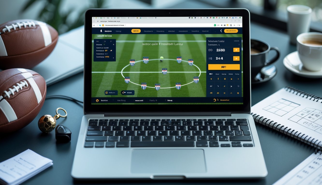 Seorang pria menggunakan laptop dengan tampilan situs taruhan sepak bola Liga Indonesia, dikelilingi bola sepak, peluit wasit, dan kalender pertandingan.