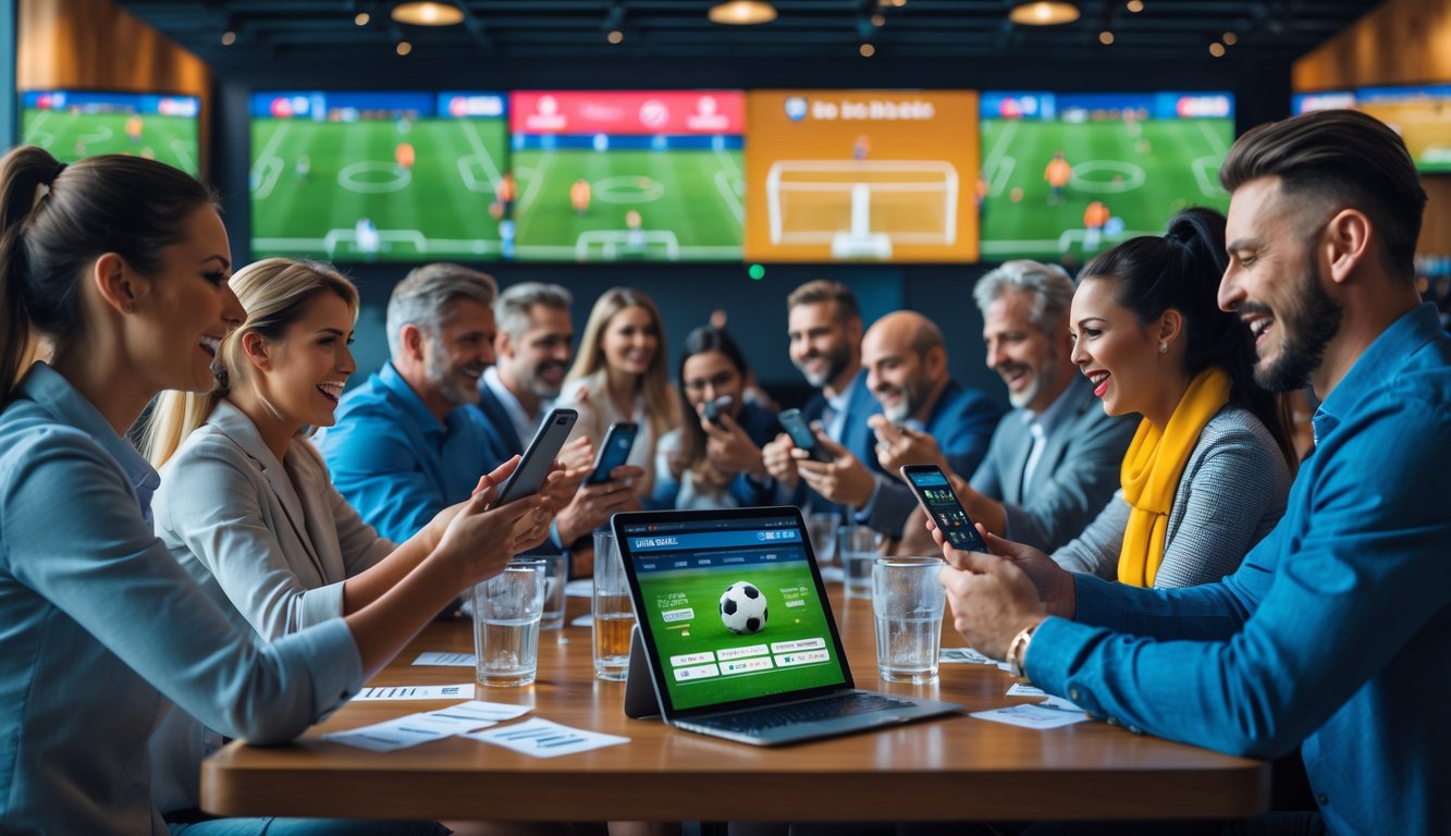 Sekelompok orang yang antusias memasang taruhan bola di sebuah bar olahraga dengan layar besar menampilkan pertandingan sepak bola.