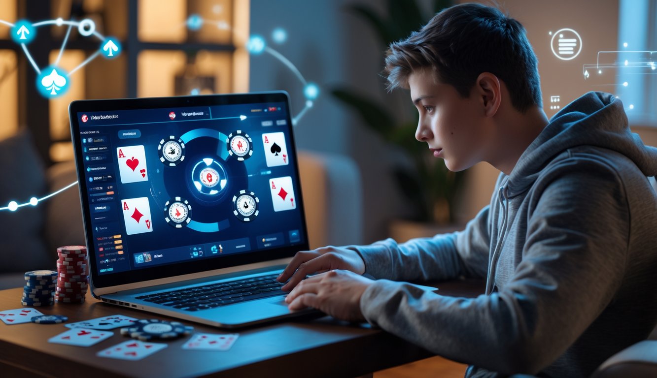 Seorang dewasa muda duduk di meja dengan laptop yang menampilkan permainan poker online, dikelilingi chip poker dan kartu remi.