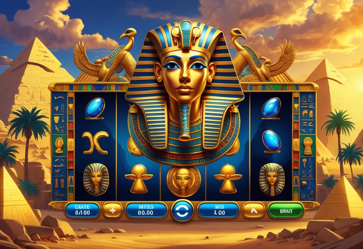 Ilustrasi pemandangan bertema Mesir kuno dengan topeng firaun emas di tengah, piramida di latar belakang, dan simbol Mesir seperti scarab dan ankh di sekitar.