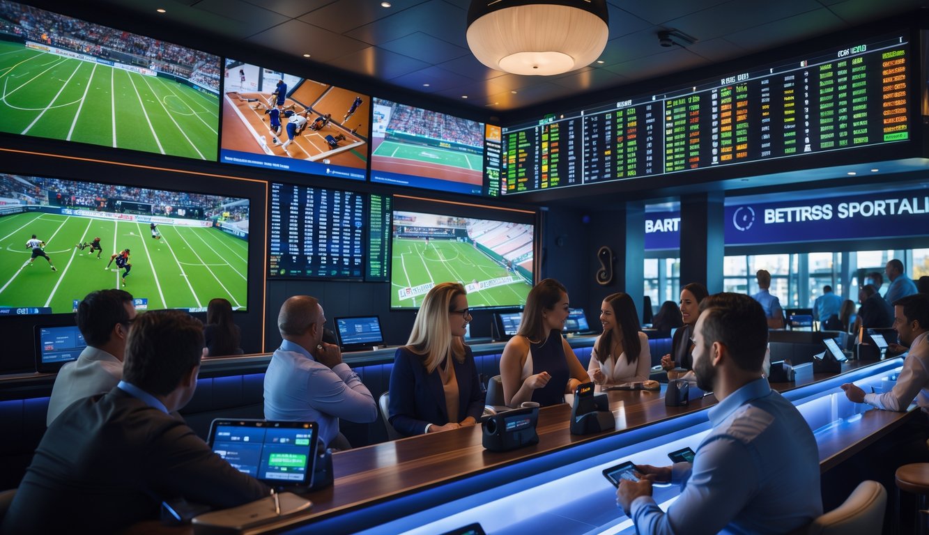 Beberapa orang menonton pertandingan olahraga di layar besar sambil menggunakan perangkat untuk memasang taruhan.