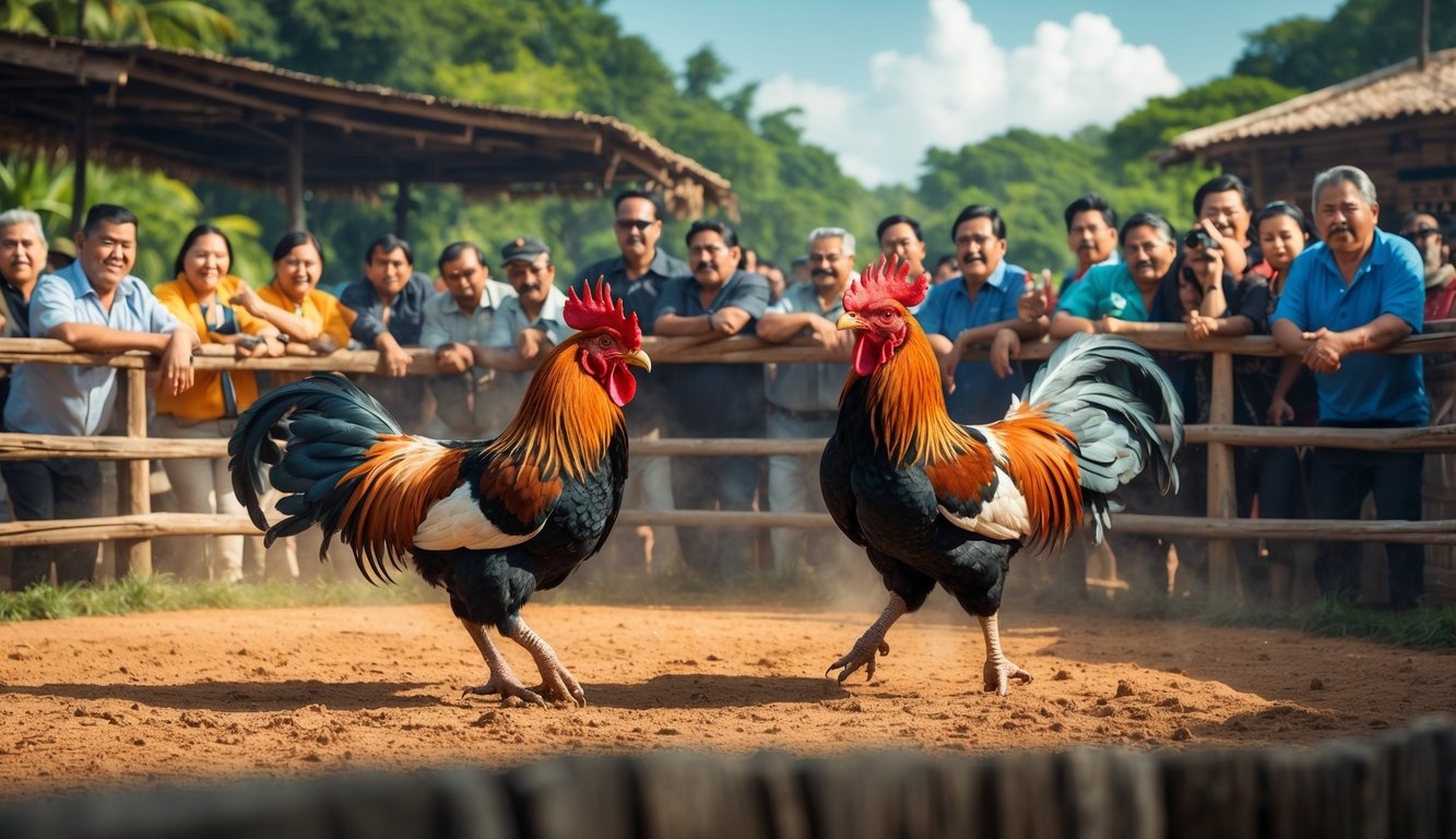 Dua ayam aduan sedang berhadapan di arena dengan penonton yang memperhatikan di sekelilingnya.
