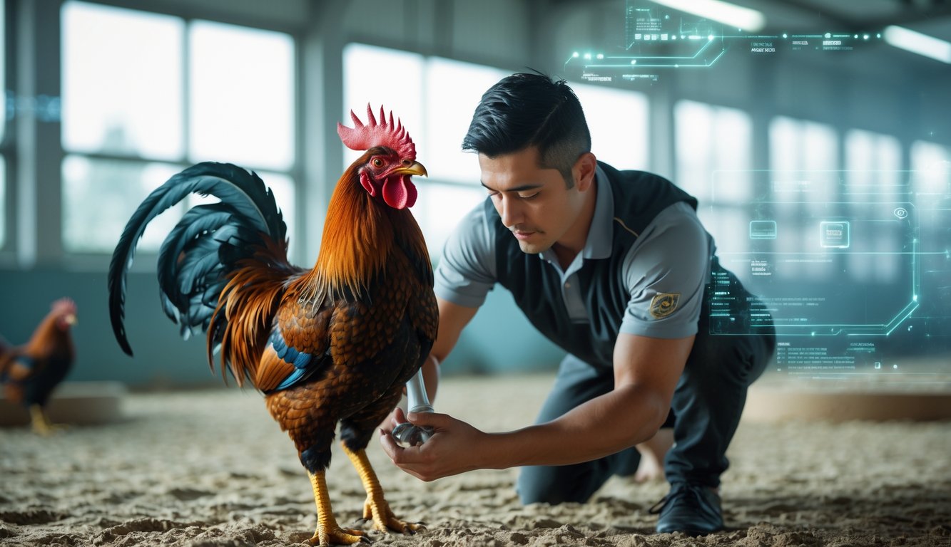 Seorang pelatih sedang memegang ayam jago yang sehat di ruang pelatihan dengan latar belakang elemen digital yang samar.