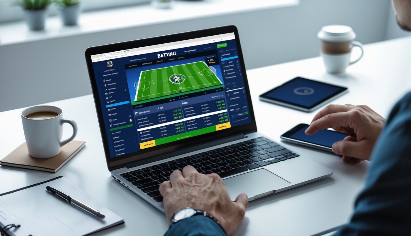 Seseorang menggunakan laptop dan smartphone untuk memasang taruhan bola online di meja kerja yang rapi.