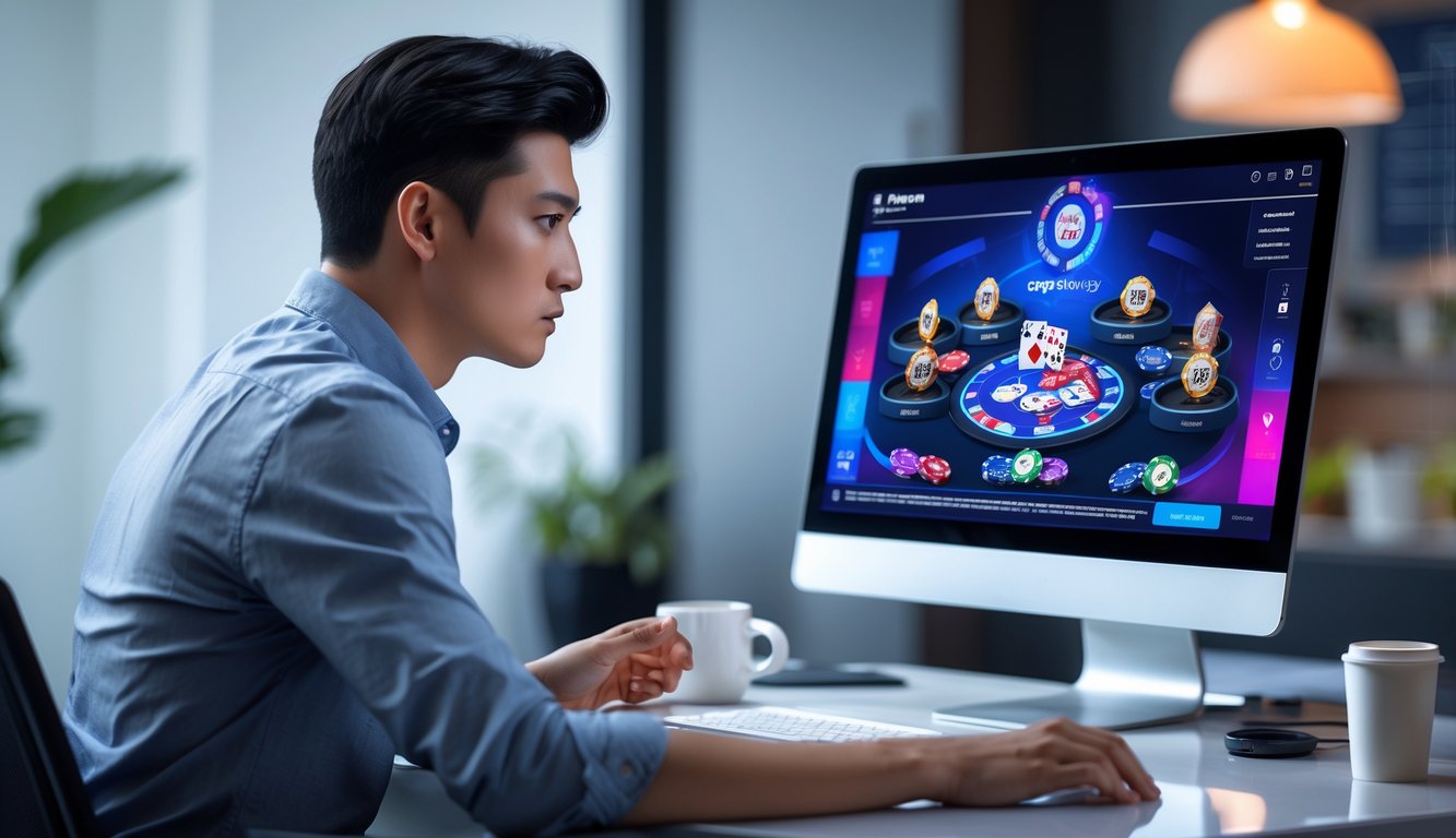 Seorang dewasa muda duduk di depan komputer dengan tampilan permainan poker online, terlihat fokus menganalisis strategi permainan.