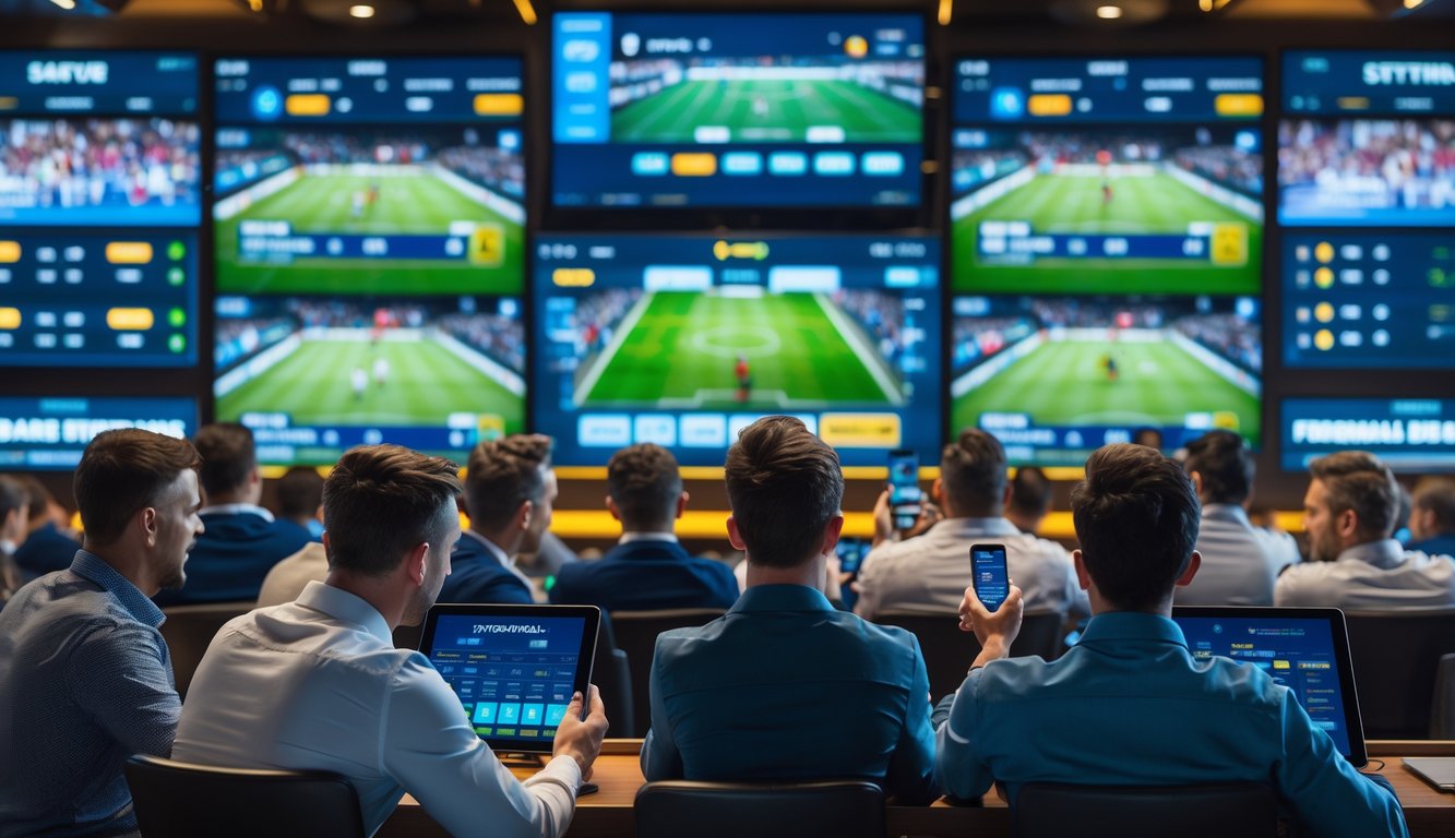 Orang-orang sedang menonton pertandingan sepak bola langsung dan memasang taruhan di sebuah tempat taruhan modern.