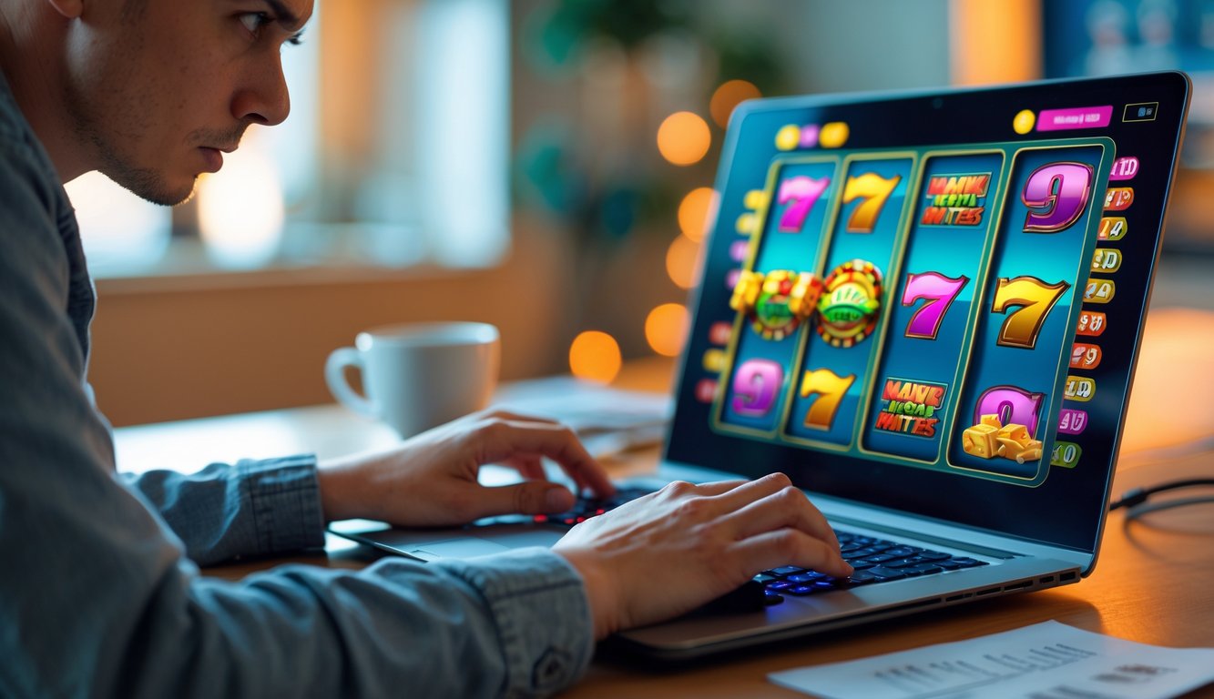 Seorang pemain slot online terlihat frustrasi saat bermain di laptop di ruang kerja rumah.