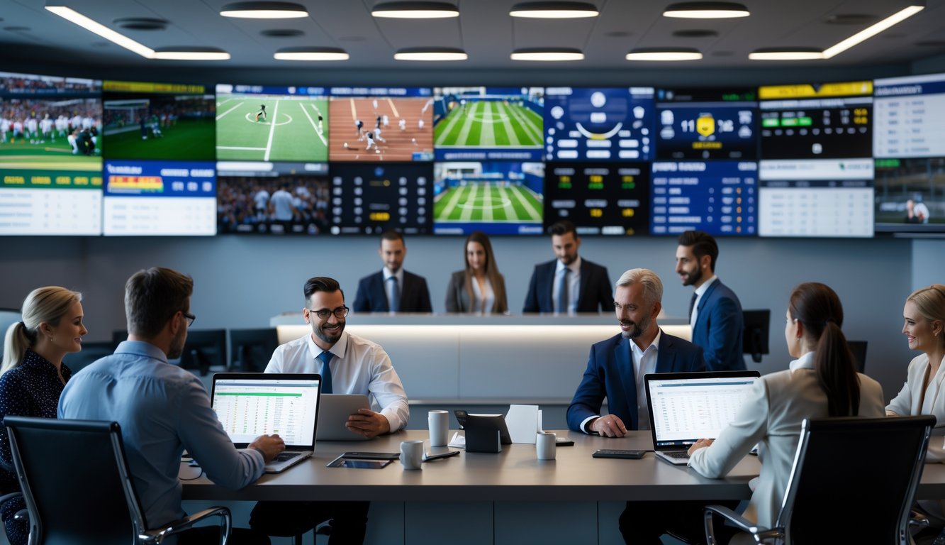 Orang-orang di kantor agen judi olahraga sedang menggunakan perangkat digital dan menonton pertandingan olahraga di layar besar.
