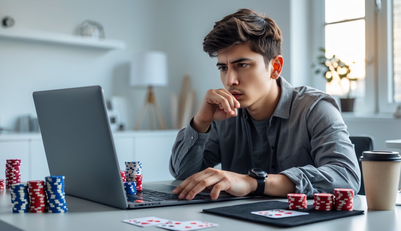 Seorang dewasa muda fokus bermain poker online di depan laptop dengan chip dan kartu poker di meja yang rapi.