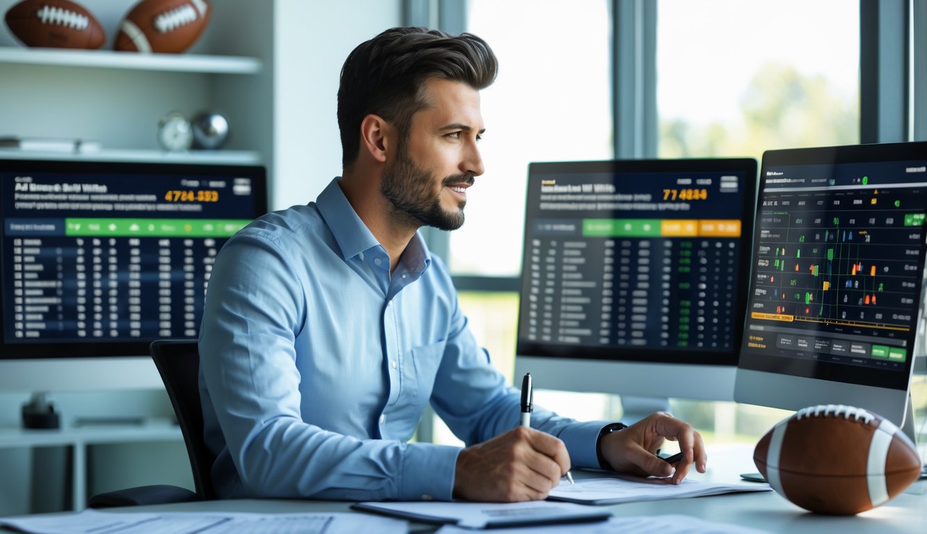 Seorang pria fokus melihat layar komputer yang menampilkan statistik taruhan bola di kantor modern.