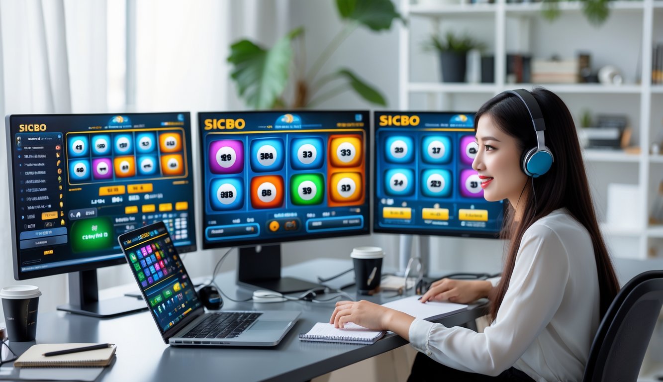 Seorang wanita muda duduk di depan meja dengan beberapa layar yang menampilkan permainan Sicbo online, menggunakan laptop dan ponsel di ruang kerja modern.