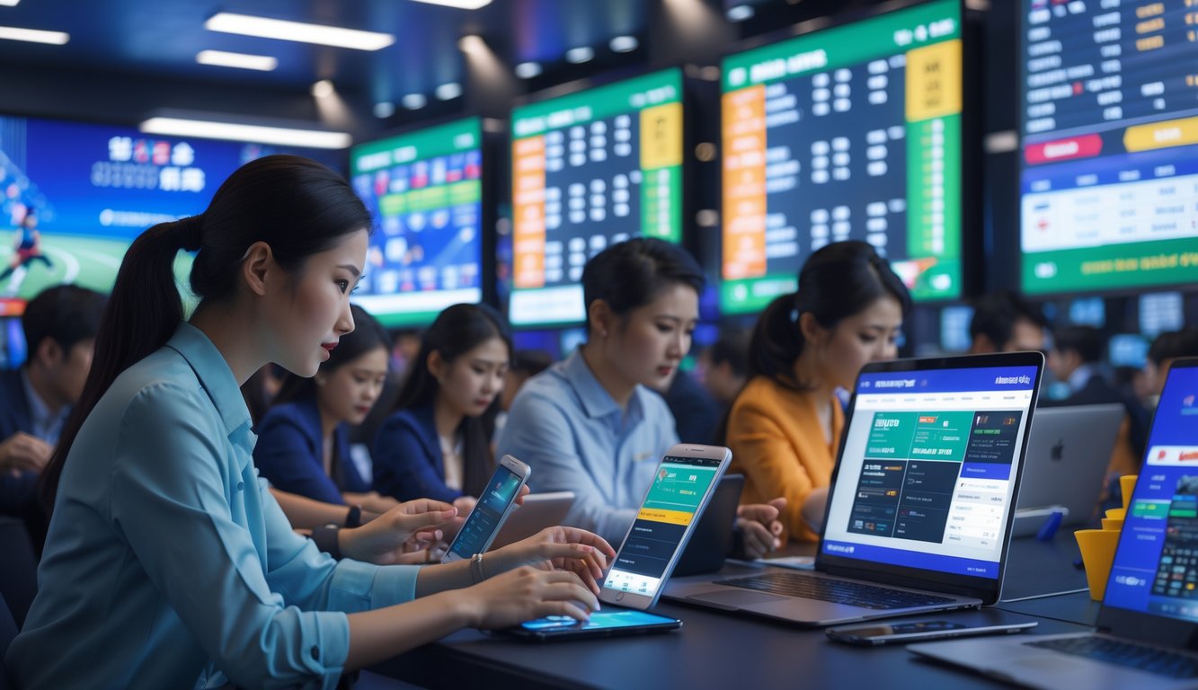 Orang-orang Asia menggunakan perangkat elektronik untuk bertaruh pada olahraga di sebuah ruang sportsbook modern dengan layar besar menampilkan informasi pertandingan.