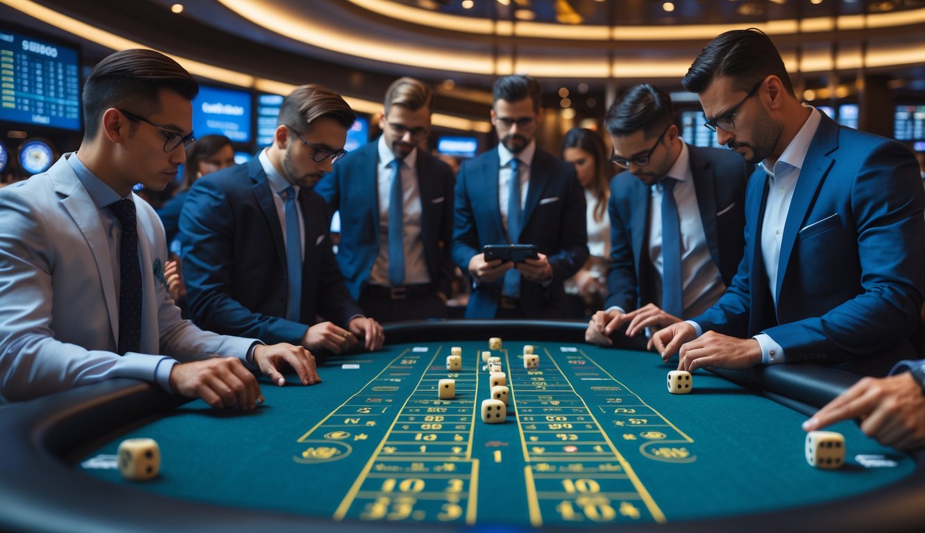 Beberapa orang profesional sedang mengamati permainan Sicbo modern di meja kasino dengan dadu transparan yang sedang dilempar.