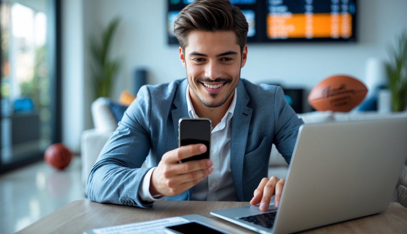 Seorang pria muda menggunakan ponsel di ruang tamu modern dengan laptop terbuka yang menampilkan statistik olahraga.