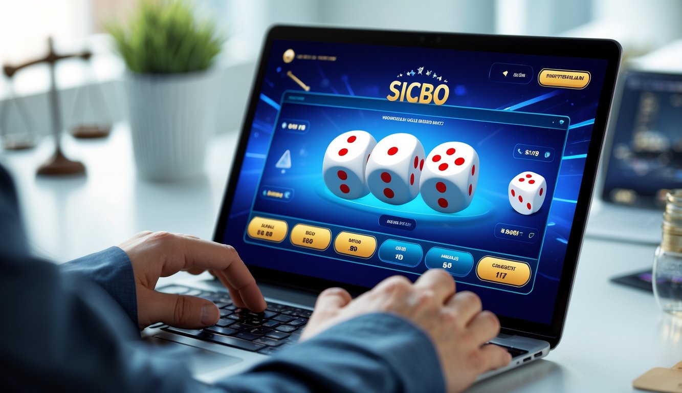 Seseorang menggunakan komputer dengan tampilan permainan Sicbo online di layar, menunjukkan suasana permainan judi yang adil dan profesional.
