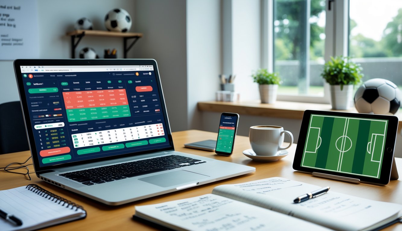 Meja kerja dengan laptop, smartphone, dan catatan yang menampilkan data dan analisis untuk prediksi taruhan bola harian.