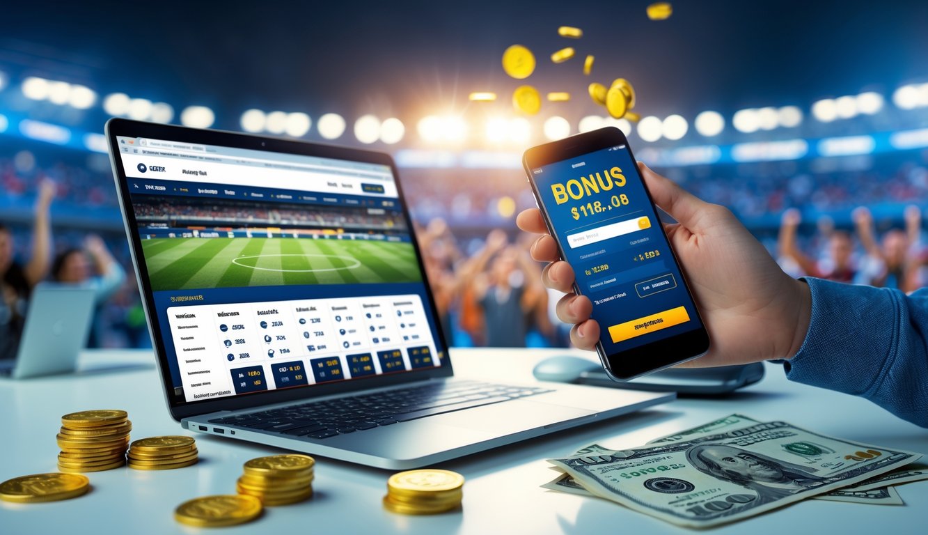 Seorang pengguna memegang ponsel yang menampilkan situs taruhan olahraga dengan latar belakang laptop dan elemen terkait taruhan di meja.
