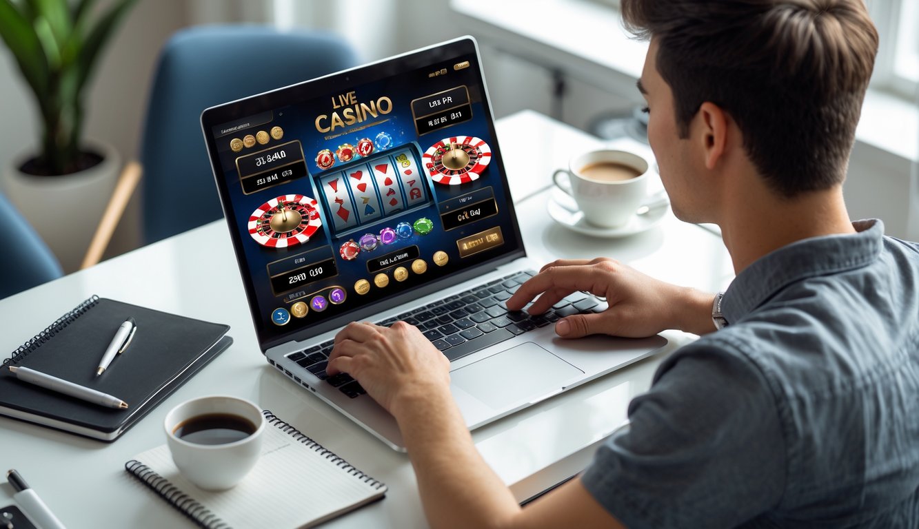 Seorang pemain pemula sedang bermain permainan kasino langsung secara online di depan laptop di rumah dengan suasana nyaman dan fokus.