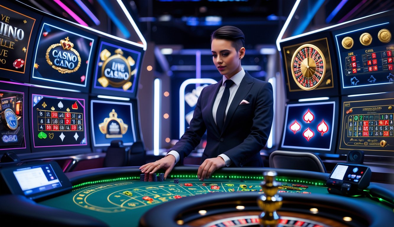 Seorang dealer profesional di studio kasino digital yang modern dengan layar permainan kasino langsung di sekitarnya.