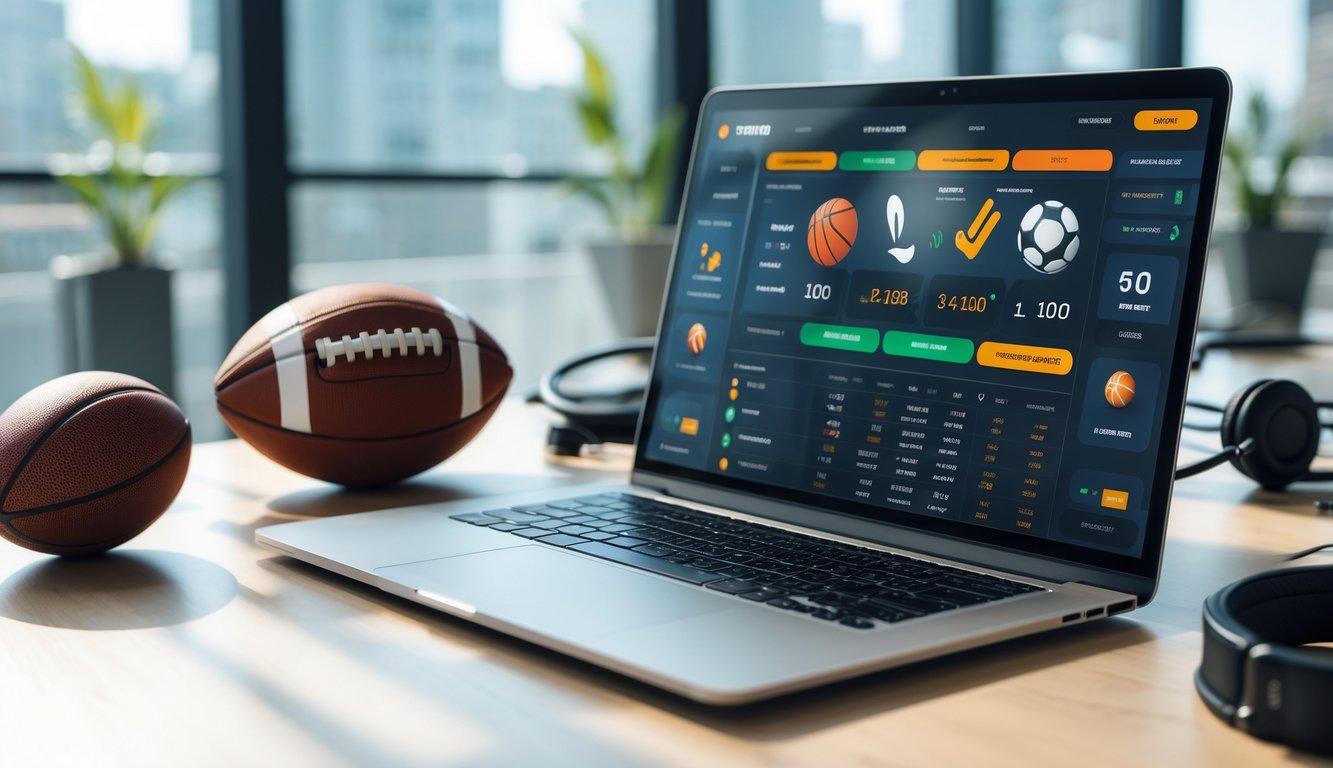 Seorang pria menggunakan laptop dengan tampilan platform taruhan olahraga online di meja kerja yang dilengkapi dengan bola sepak dan bola basket.