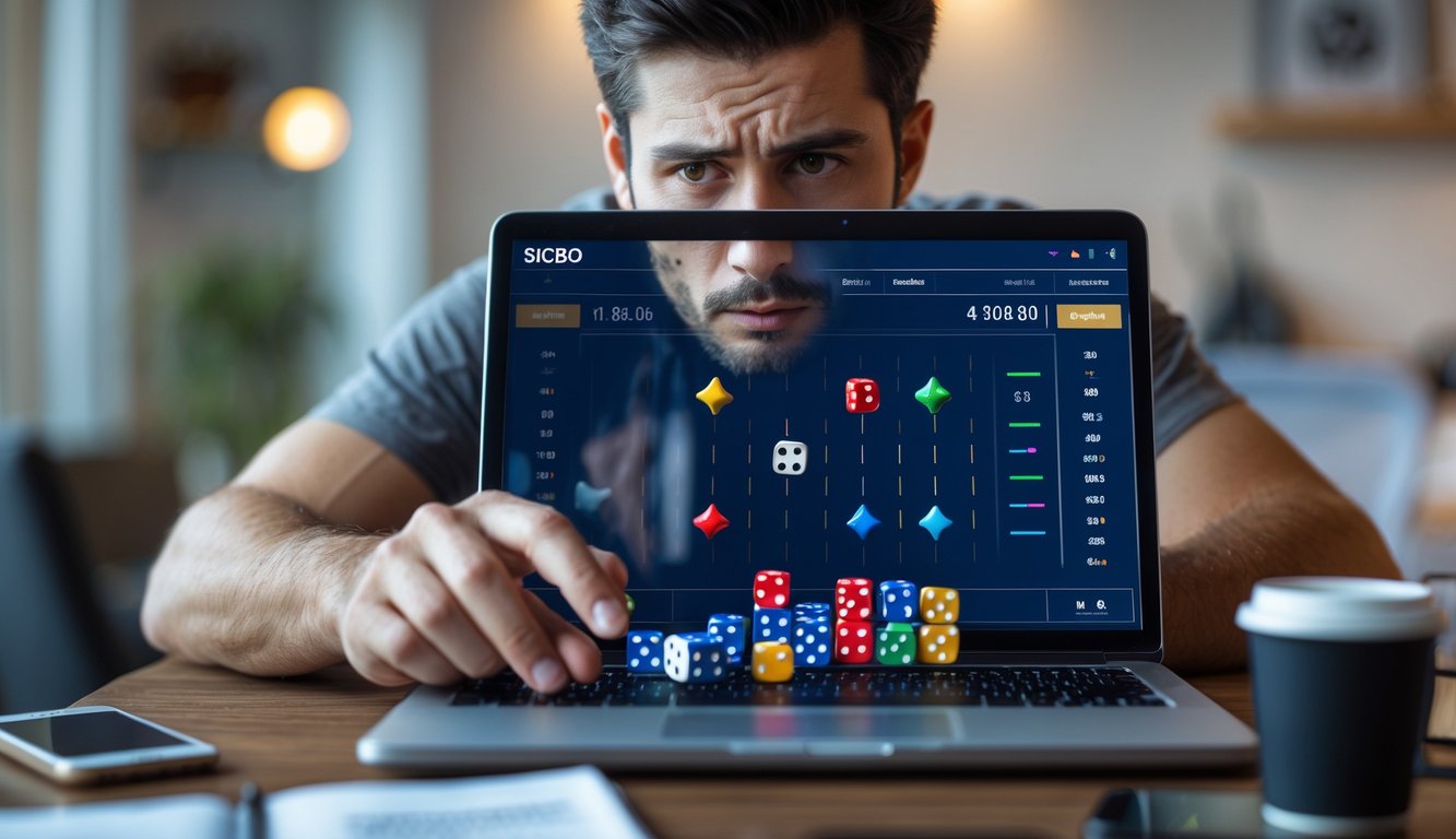 Seorang pria muda sedang bermain Sicbo online menggunakan laptop di ruangan modern dengan ekspresi serius dan fokus.