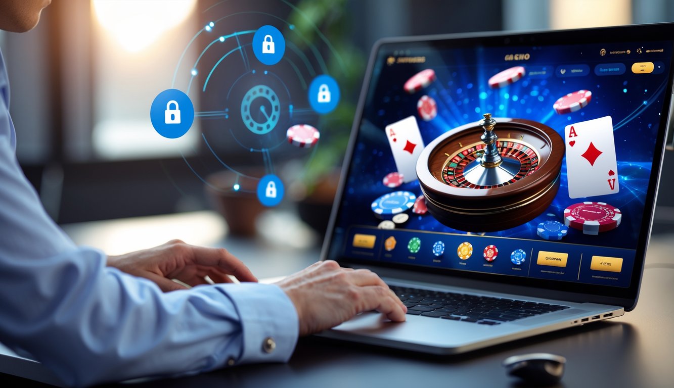 Seorang pengguna sedang menggunakan laptop dengan tampilan permainan kasino langsung di layar dalam suasana kerja yang modern dan rapi.